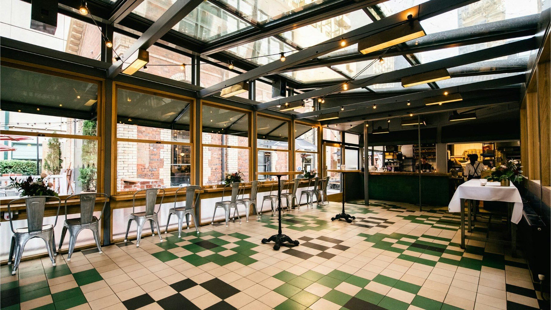 Restaurant diner space with floor cleared.